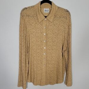 Vintage Chicos Womens Lace Button Up Shirt Size M/L Beige Tan Neutral